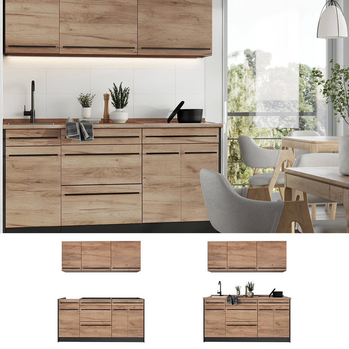 SINGLEKÜCHE R-Line, Goldkraft Eiche/Anthrazit, 160 cm Arbeitsplatte Goldkraft Eiche - Honigeiche/Anthrazit, Holzwerkstoff (160/81.6/60cm) - Vicco