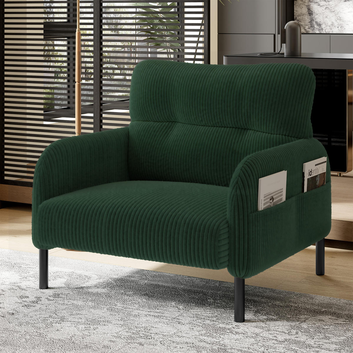 SESSEL Cord Smaragdgrün mit Seitentasche - Grün, Textil/Metall (67/79/75cm) - WISHDOR