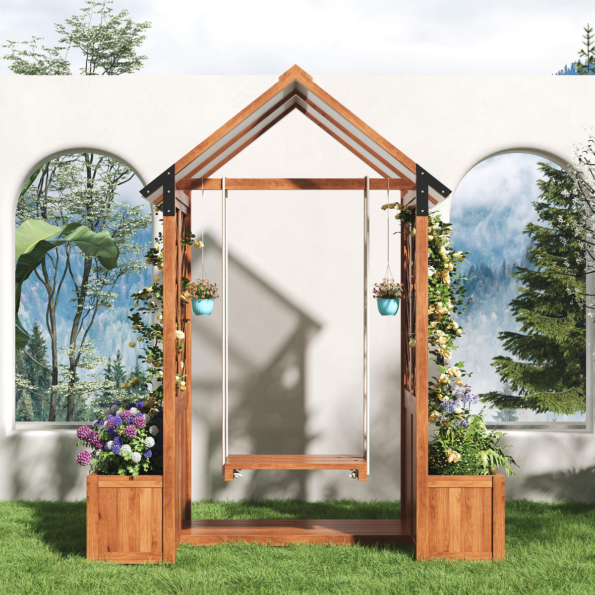 BLUMENTOPF 142/70/163 cm Braun mit Schaukel und Spalier als Kletterhilfe - Braun, Holz (70/163/142cm) - Oxeza