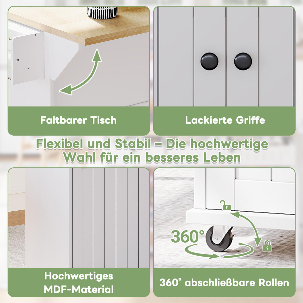 KÜCHENINSEL mit Rollen Weiß mit Klappplatte, 2 Schubladen, Schrank und Türregal - Weiß, Holz/Holzwerkstoff (137/89.5/70cm) - Oxeza