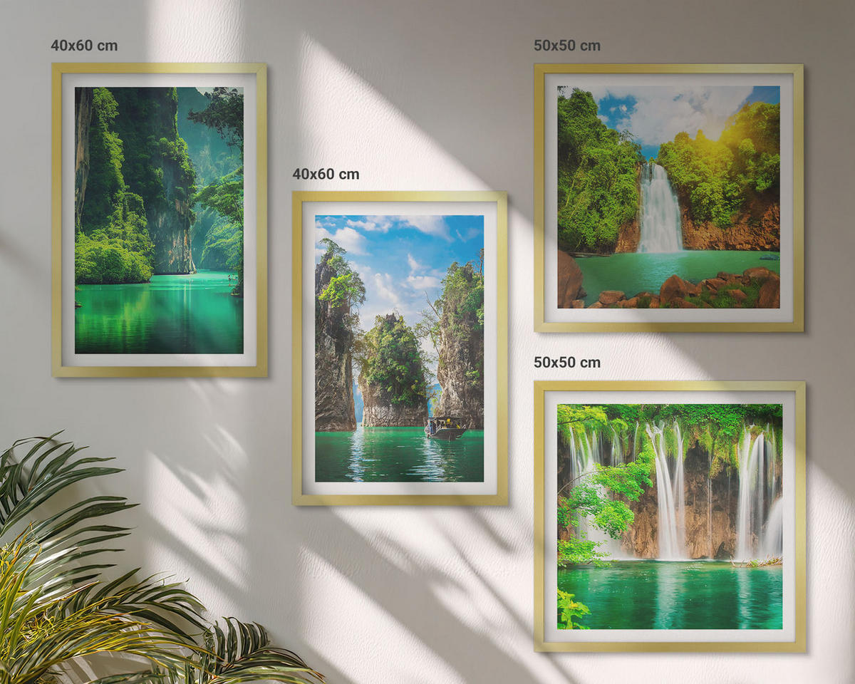 BILDER SET 4er Set - 50x50 cm & 40x60 cm Goldrahmen - Grüne Landschaften, Wasserfälle - Goldfarben, Kunststoff (50/50cm) - TULUP