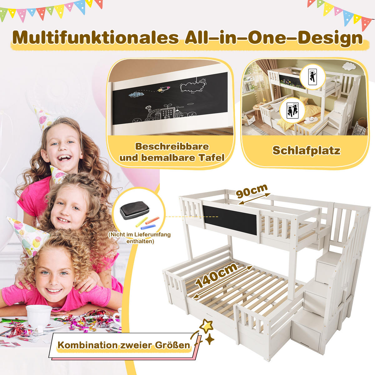 ETAGENBETT Massivholz Weiß - Weiß, Holz/Metall - Raumix