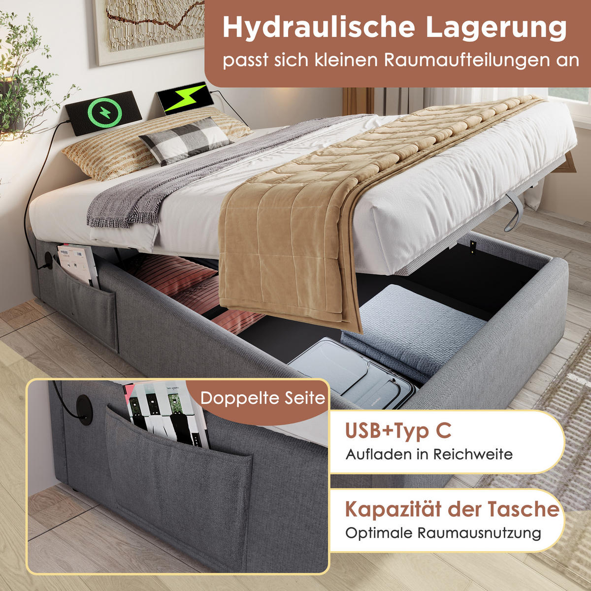 POLSTERBETT 160/200 cm mit hydraulischem Bettkasten, USB/Type-C & vollflächigem Massivholzboden, Grau - Grau, Textil (160/200cm) - Redom