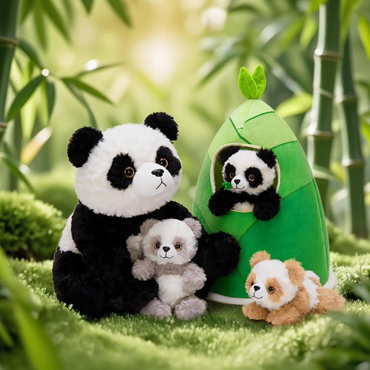 PLÜSCHTIER-SET Panda mit Bambustasche 5-teilig - Multicolor, Textil (30/44cm)