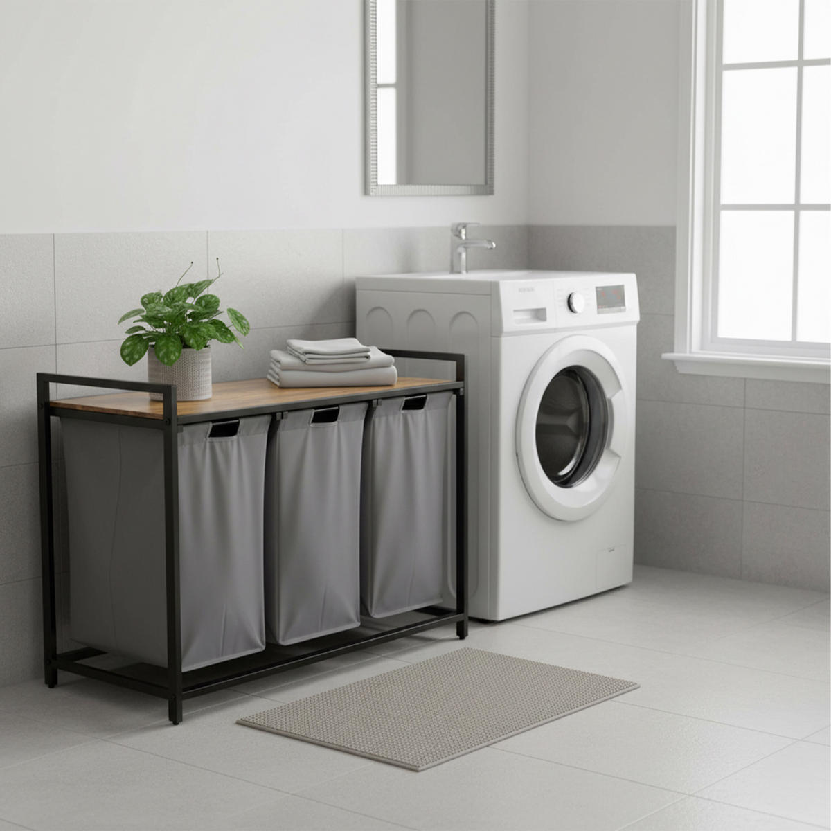 KOŠARA Siva za perilo 3 prekati s polico 73,5x109,5x33 cm - večbarvno, kovina/tekstil (109.5/73.5/33cm) - Relaxdays
