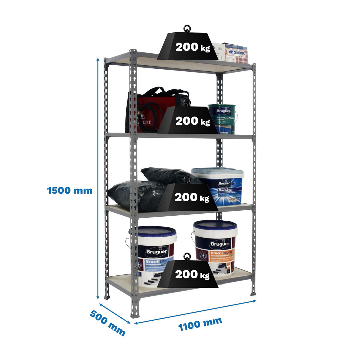 SCHWERLASTREGAL Mid Muli HxBxT 150 x 110 x 50 cm 4 Fachböden Fachlast 200 kg Verzinkt - Silberfarben, Metall (110/150/50cm) - PROREGAL