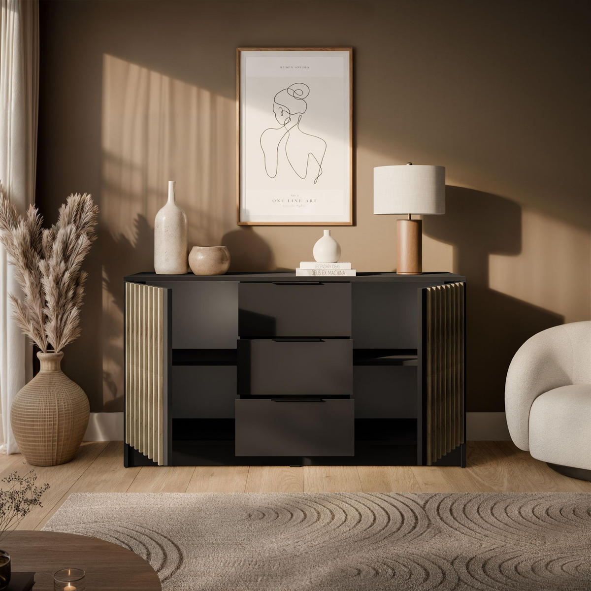 KOMMODE NELA, zweitürig mit Lamellen, Graphit/Artisan - Graphitfarben, Holzwerkstoff (155/86/45cm) - Lookway