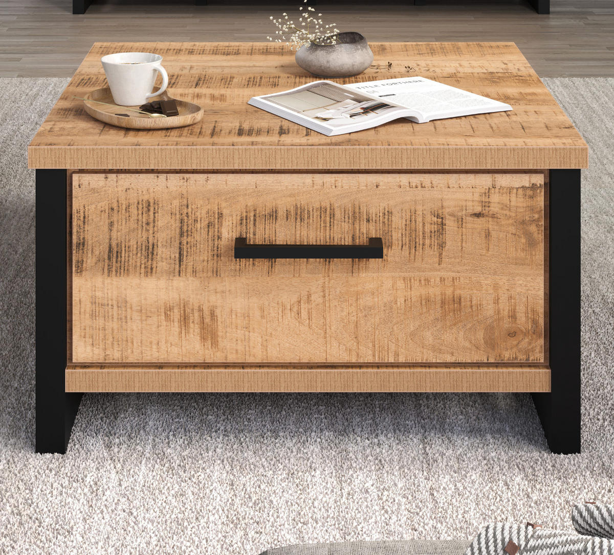 COUCHTISCH Mango, schwarz quadratisch 80 x 80 cm, Beistelltisch mit zwei Schubladen - Schwarz/Naturfarben, Holzwerkstoff/Kunststoff (80/80/45cm) - Top.Furn