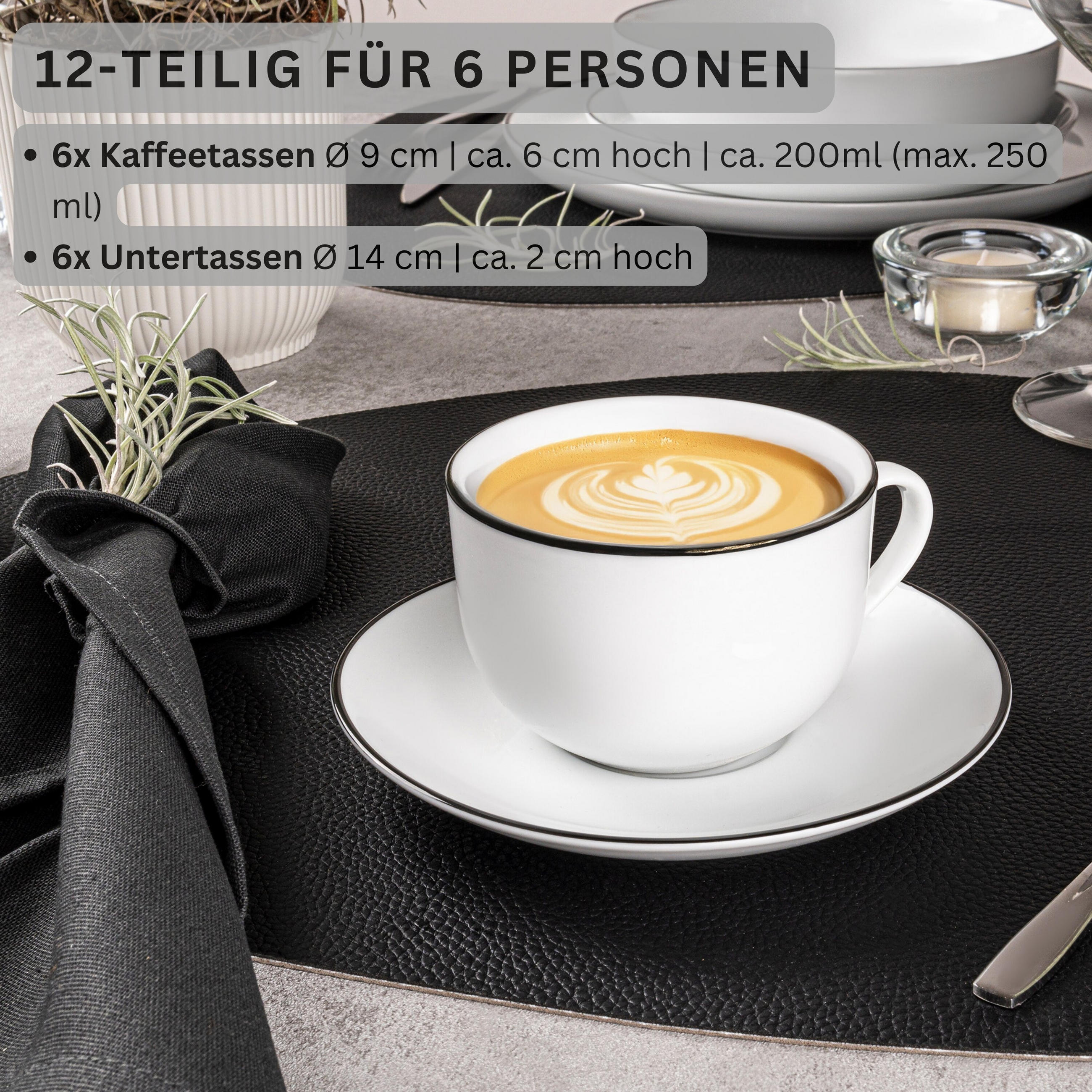 KAFFEETASSEN SET MARLO BLACK RIM - 12 teilig aus Porzellan - Weiß, Keramik (14/6/14cm) - Sänger