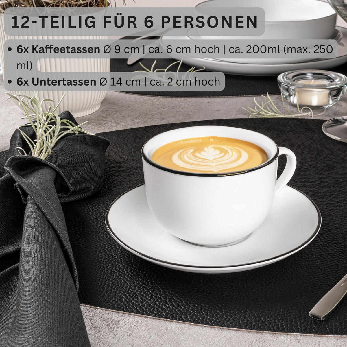 KAFFEETASSEN SET MARLO BLACK RIM - 12 teilig aus Porzellan - Weiß, Keramik (14/6/14cm) - Sänger