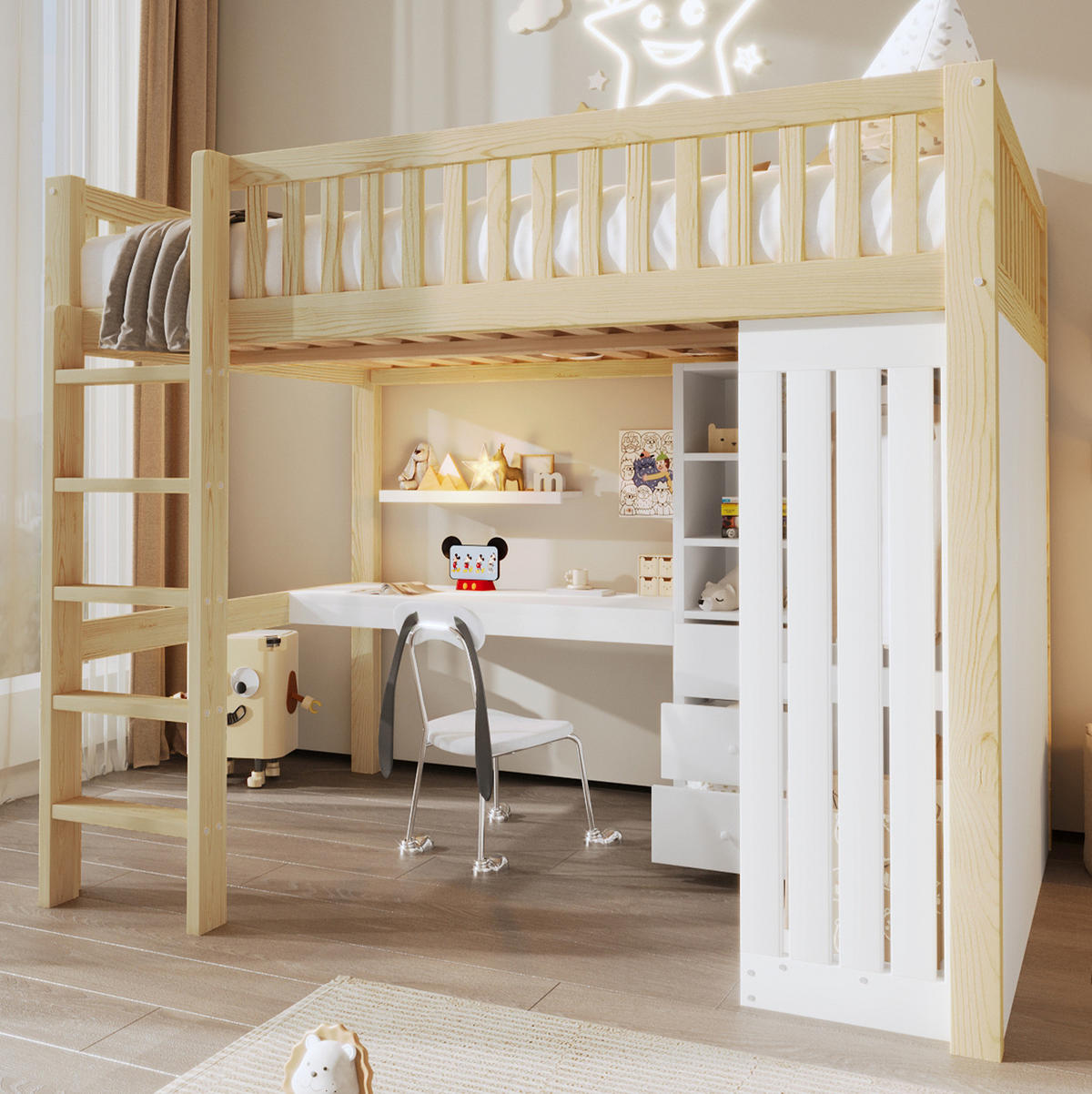 HOCHBETT aus Kiefernholz und MDF 140x200 cm Natur mit Schreibtisch, Kleiderschrank und 3 Schubladen - Naturfarben, Holzwerkstoff (140/200cm) - IVMEU