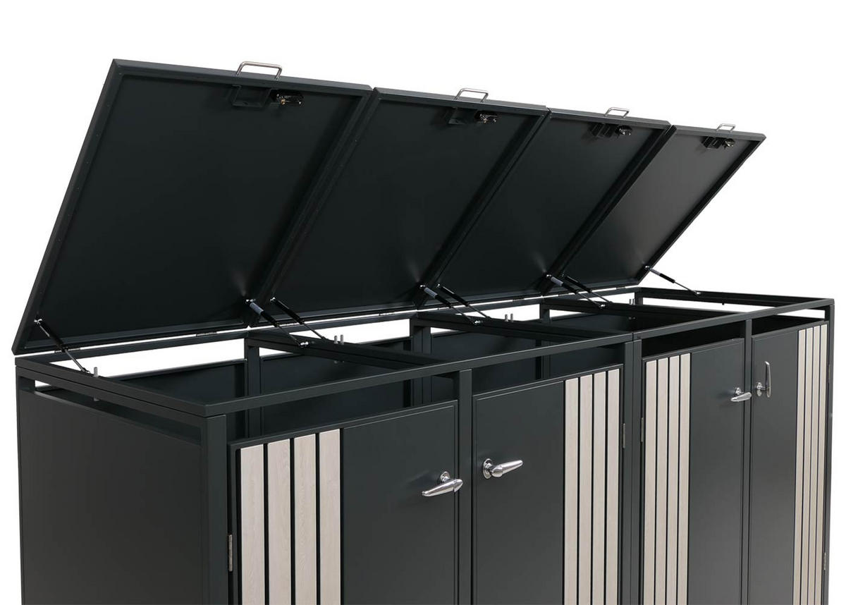 MÜLLTONNENBOX 4er mit Deckel HxBxT 122x250x84cm Anthrazit Holzoptik hell - Anthrazit, Metall (250/122/84cm) - PROREGAL