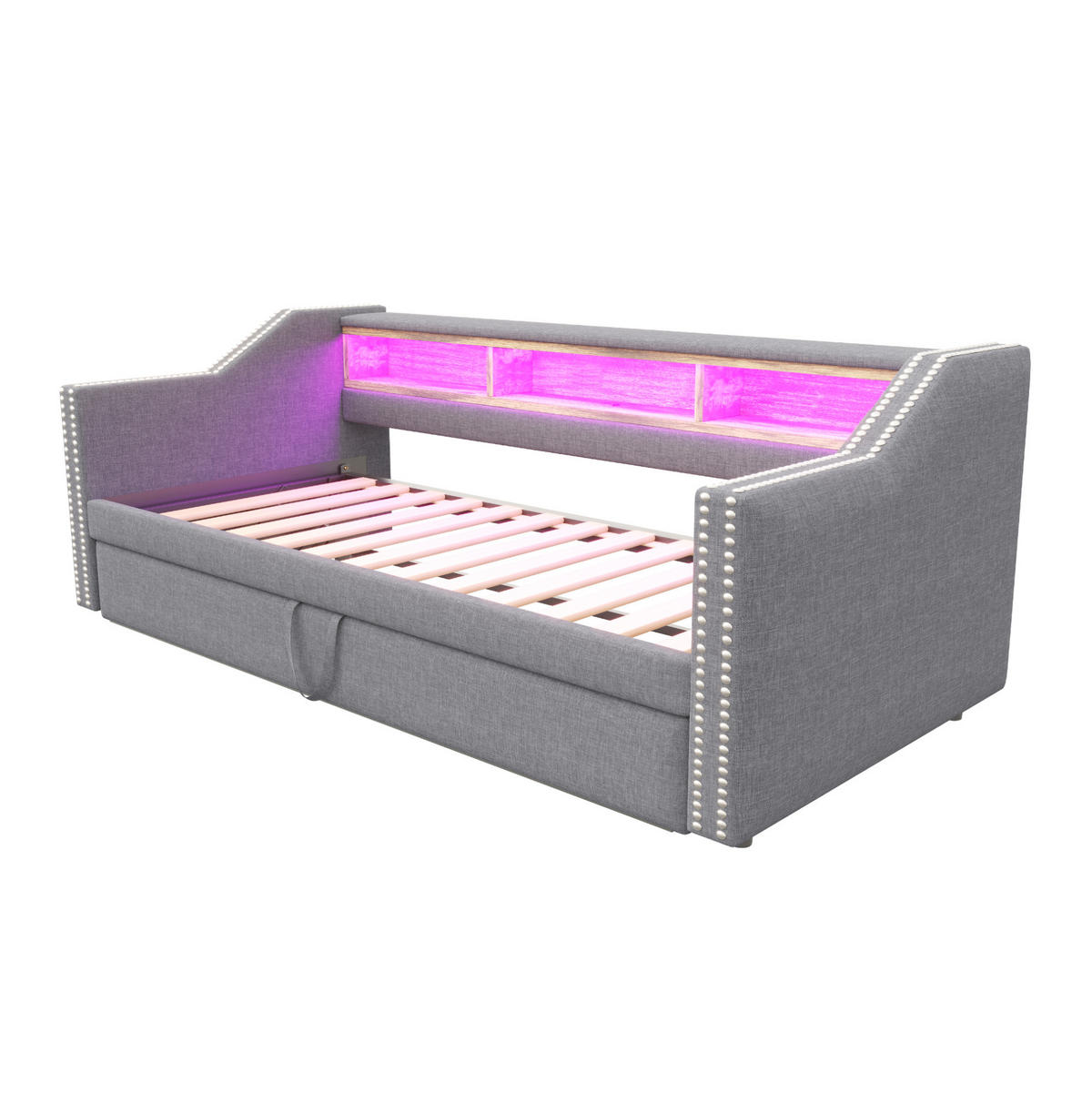 BETT 90/180/190 cm Hellgrau aus Leinen mit Bett, USB und LED - Hellgrau, Textil (90/190cm) - OKMYHOME