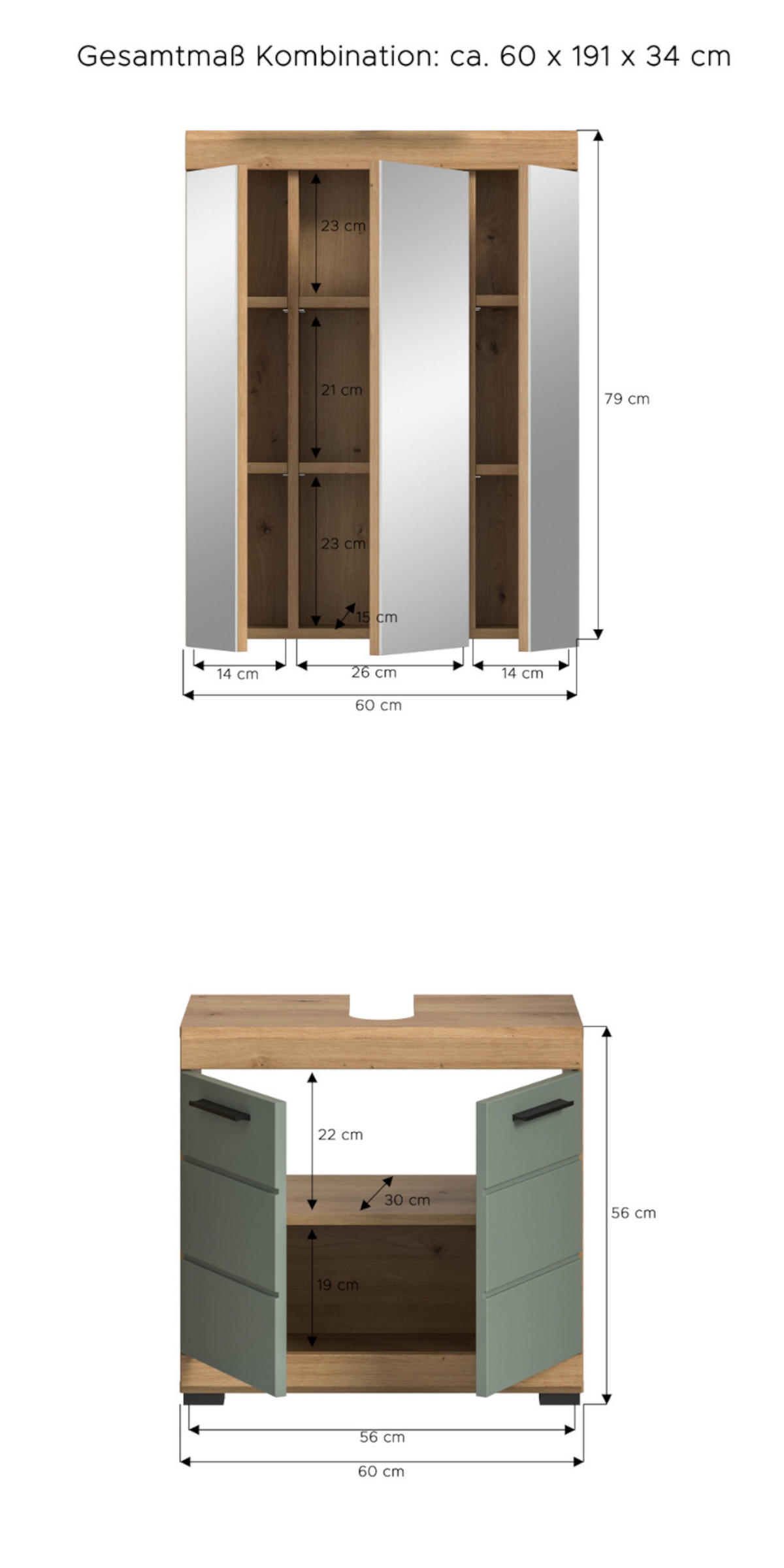 BADMÖBEL-SET Salbei grün, Eiche Artisan 2-teilig 60 cm, Kombination mit Spiegel - Salbeigrün/Schwarz, Glas/Holzwerkstoff (60/191/34cm) - Inn.Furn