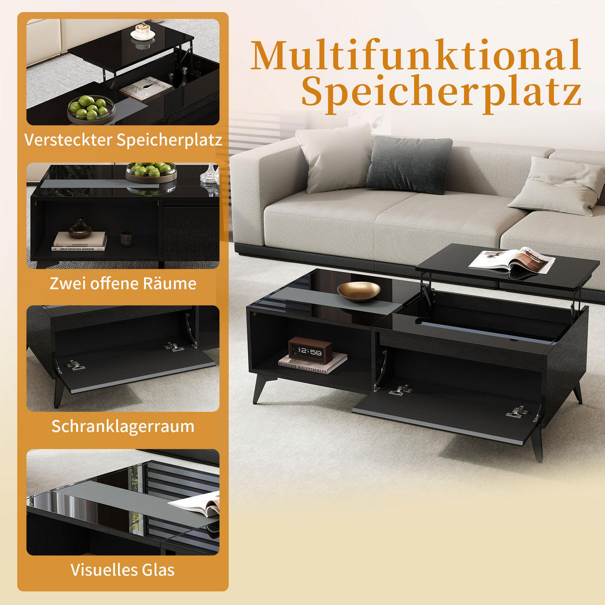 COUCHTISCH 110/50/48 cm Schwarz Hochglanz mit Hebemechanismus und Stauraum - Schwarz, Holzwerkstoff (110/50/48cm) - OKWISH