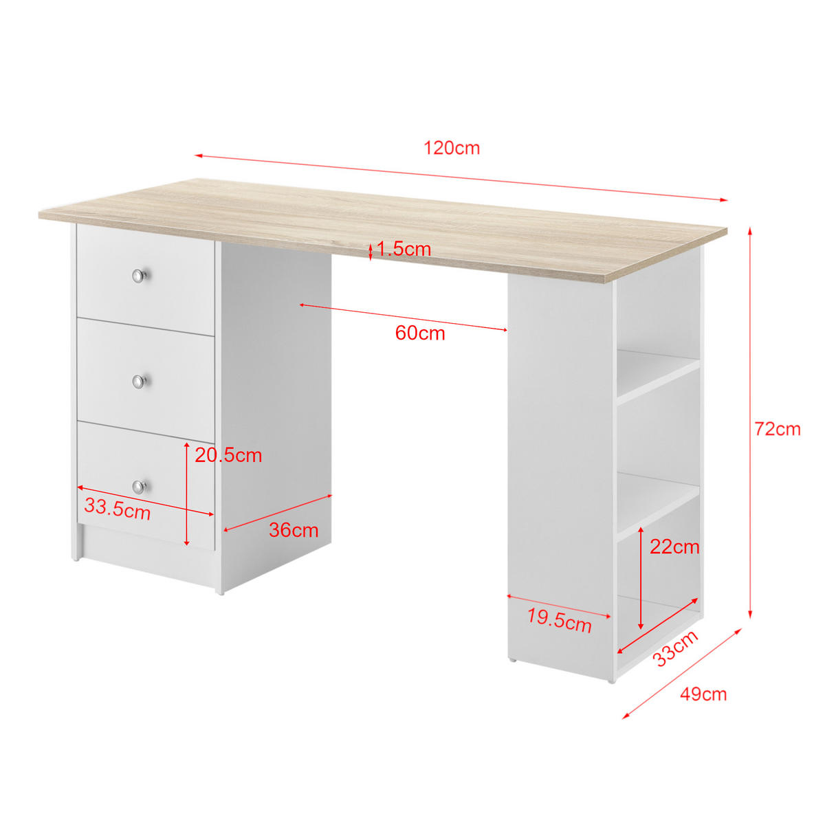 SCHREIBTISCH Lemberg - Eichefarben/Weiß, Holzwerkstoff (49/120/72cm) - [en.casa]