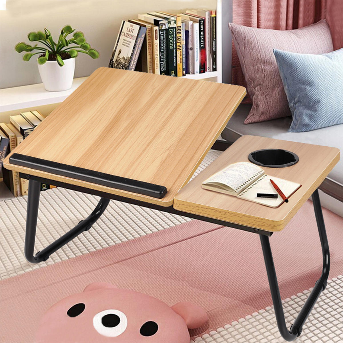 LAPTOP-BETTTISCH mit Getränkehalter Verstellbarer, klappbarer – Naturholzoptik, 56x32,5x24 cm - Naturfarben, Metall (32.5/56/24cm) - Livingandhome