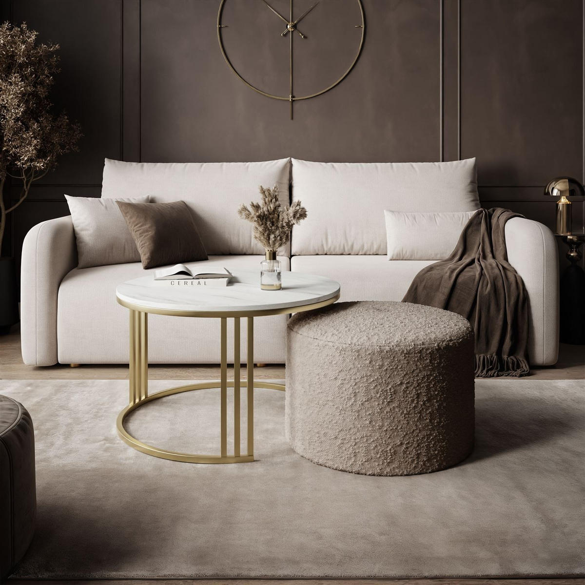 COUCHTISCH mit Hocker LORI MAT gebürstetes Gold/Marmor Levanto/Coral 50 - Weiß, Metall (70/70/49cm) - Lookway
