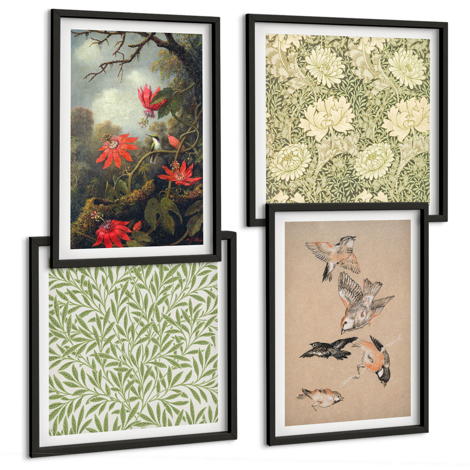 BILDER SET 4er Set - 50x50 cm & 40x60 cm Schwarzer Rahmen - Blumen und Vögel in natürlicher Umgebung - Schwarz, Kunststoff (50/50cm) - TULUP