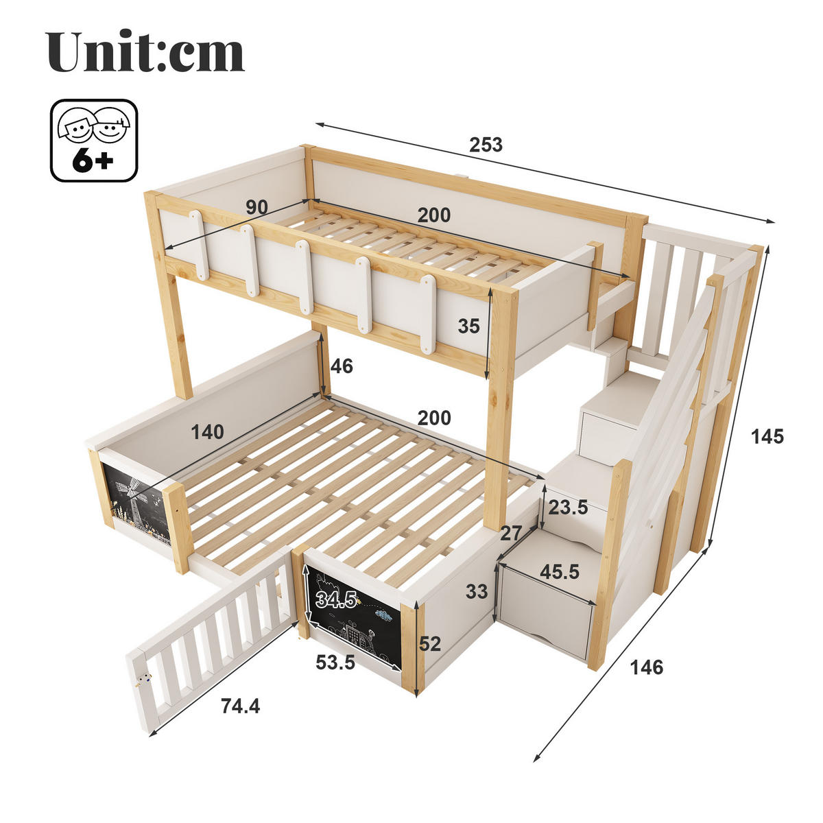 ETAGENBETT 90/140/200 cm mit Treppenschrank und Kreidetafel, DE-41558, in Weiß - Weiß, Holzwerkstoff (140/200cm) - ComfortXL