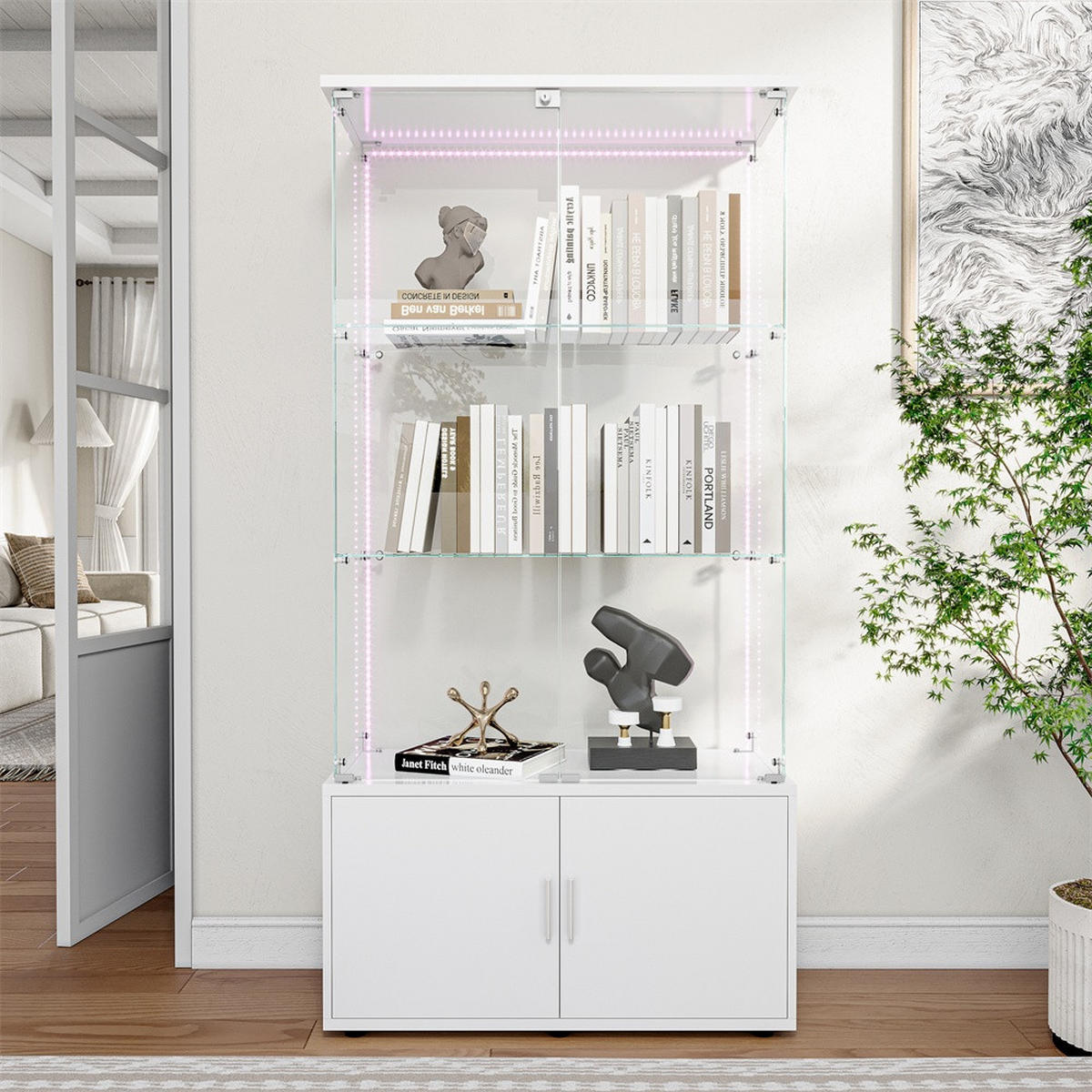 VITRINE - Glasvitrine mit Cabinet-Unterbau - 4 Türen und 3 Ebenen - LED-Lichtband-Beleuchtung - Weiß - Weiß, Glas (78.51/164/35cm) - DELFA