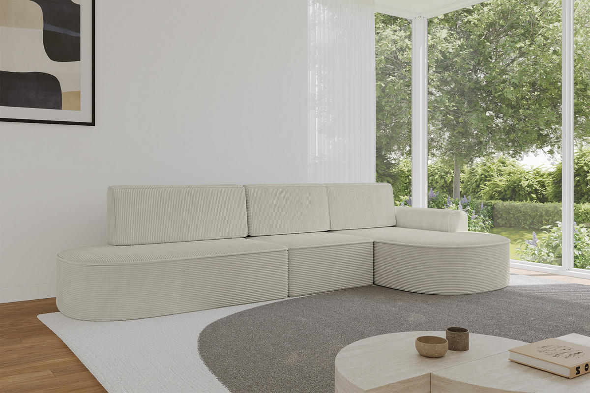 ECKSOFA mit Schlaffunktion Ottomane RECHTS MARI L2-S 368X167X85 Creme Cord - Creme/Schwarz, Holzwerkstoff/Kunststoff (167/368cm) - ALTDECOR