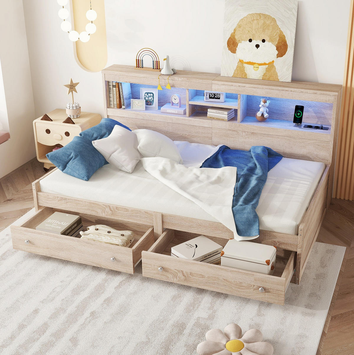 KINDERBETT 90/200 cm in Natur mit LED-Beleuchtung und 2 USB-Anschlüssen - Naturfarben, Holzwerkstoff (90/200cm) - Flora Grace