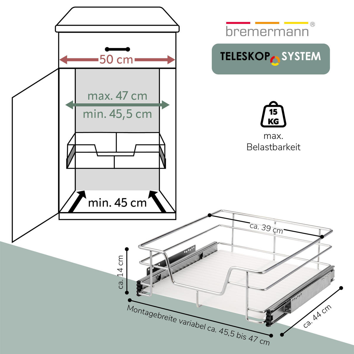 TELESKOPSCHUBLADE 50 cm, silber, Metall - Chromfarben, Metall (47/14/44cm) - bremermann