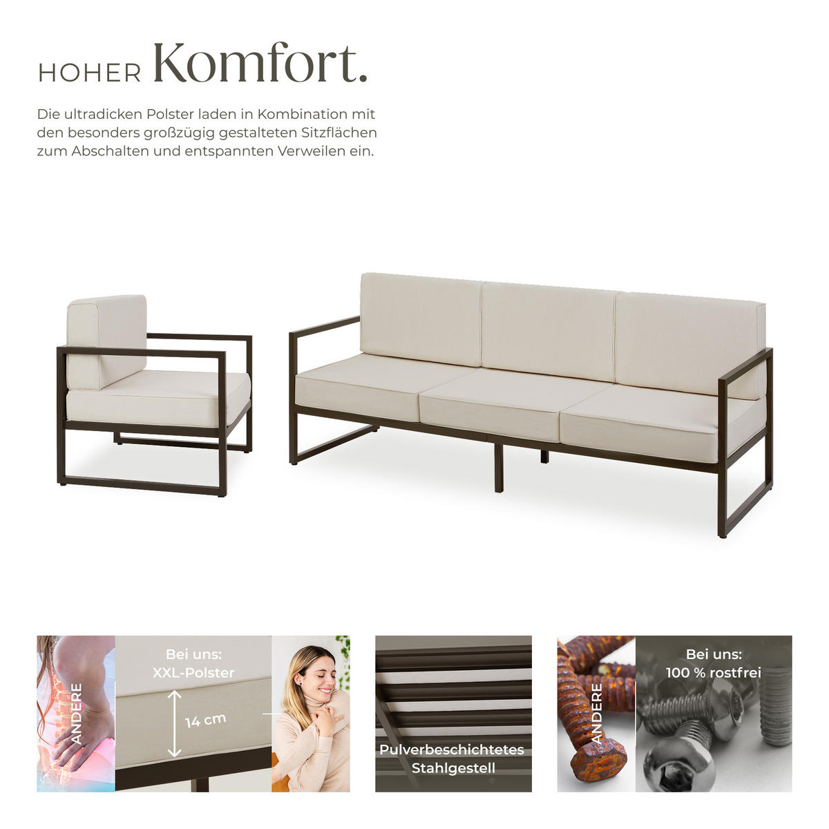  GARTEN-LOUNGESET  comosa, höhenverstellbare Füße,braun/beige - Beige/Braun, Kunststoff - tectake