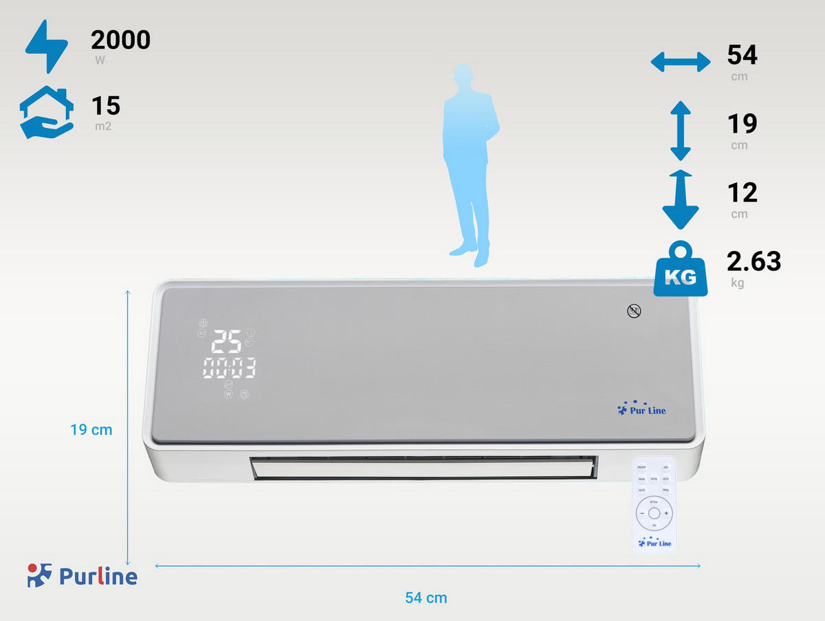 SPLIT-WANDHEIZUNG Grau mit Fernsteuerung und Programmierung 2000 W - Grau, Kunststoff (54/19/12cm) - Purline