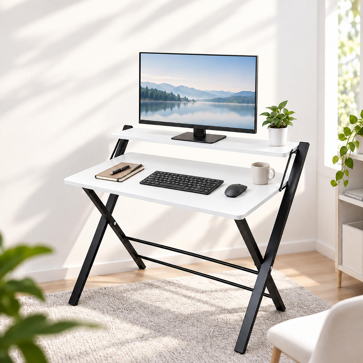 SCHREIBTISCH Schwarz klappbar mit Monitoraufsatz 70x56 cm - Schwarz, Holzwerkstoff/Metall (56/70/82cm) - Relaxdays