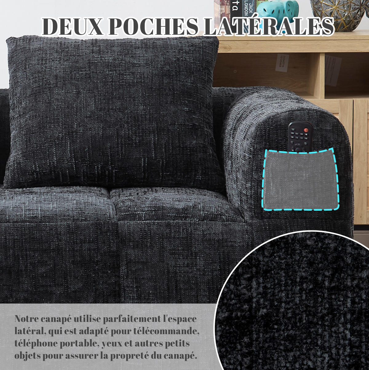 2-SITZER 158/90/60 cm Schwarz aus Chenille mit Seitentaschen - Schwarz, Textil (90/60/158cm) - OKMYHOME