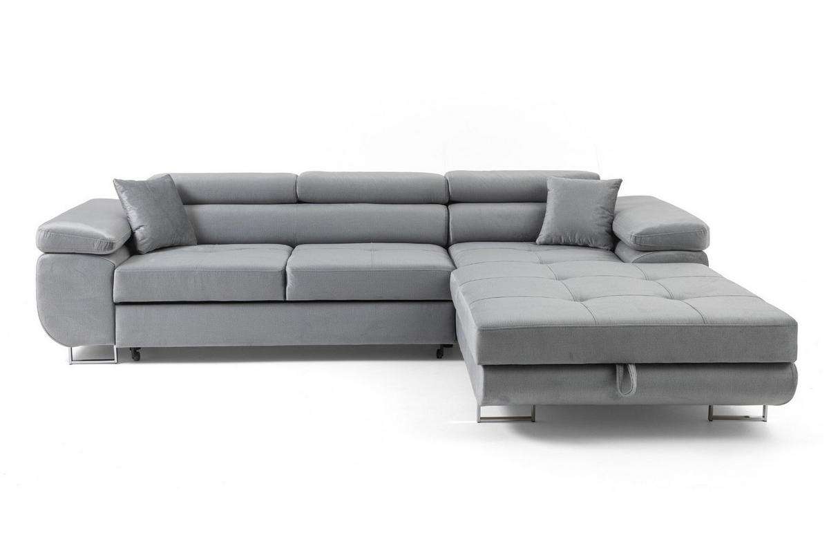 ECKSOFA ALONZO L Rechts mit Schlaffunktion 125x195 Velours Hellgrau - Silberfarben/Hellgrau, Holz/Textil (203/275cm) - Muffo