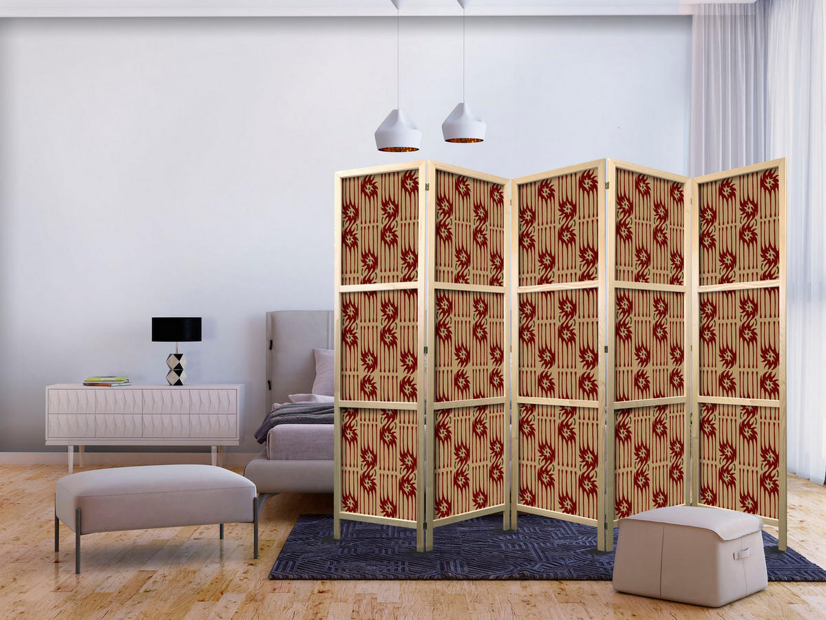 PARAVENT Japanischer 5-tlg 225x172 cm Retro Abstraktion - Braun, Holz/Textil (225/172/3cm) - Muralo