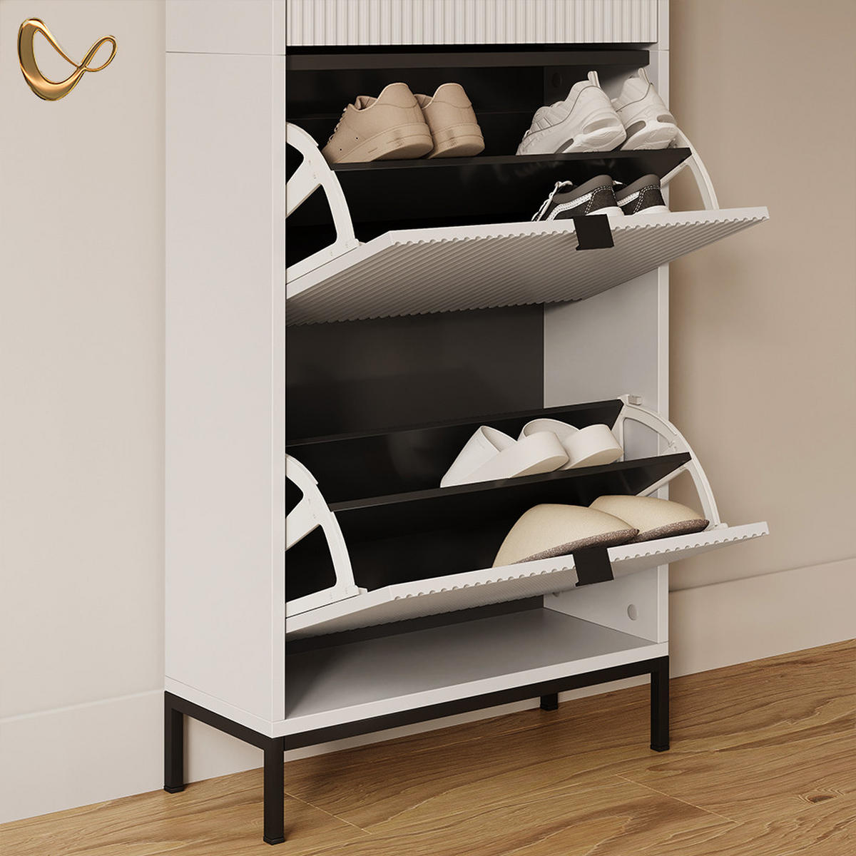 SCHUHKIPPER Aterno Weiß 60 x 168 cm mit 4 Klappschubladen - Weiß, Holzwerkstoff (60/168/24cm) - Livinity®