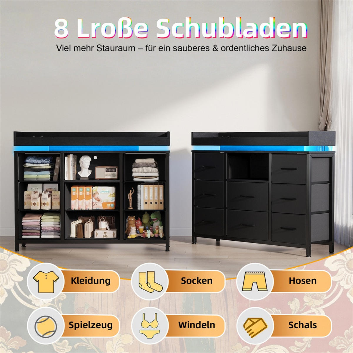 KOMMODE mit 8 Schubladen - integrierte Ladestation und RGB-LED-Beleuchtung - Schwarz - Schwarz, Holzwerkstoff (108/82/30cm) - DELFA