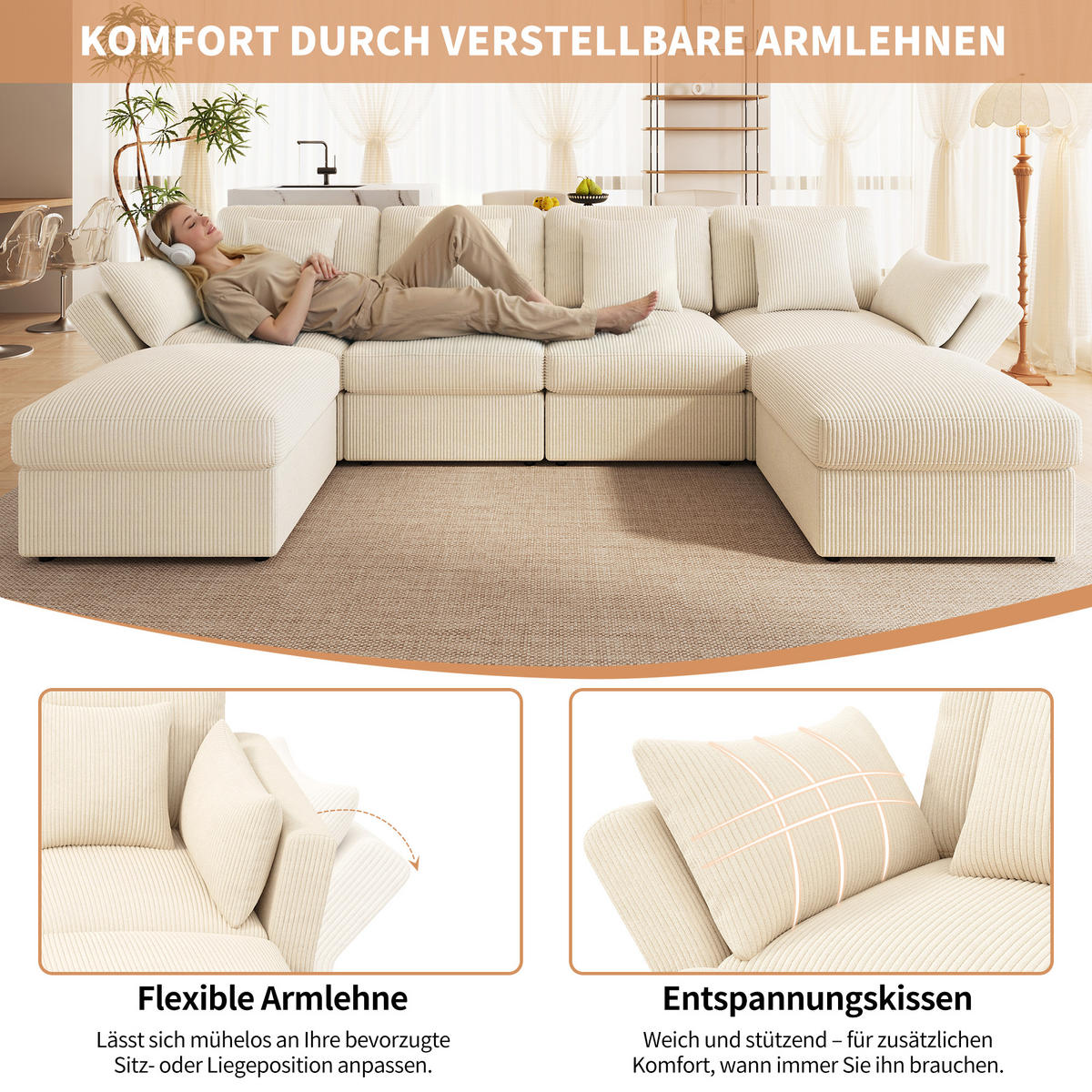 WOHNLANDSCHAFT 290/159.5/89 cm Beige mit 2 abnehmbare Fußhocker - Beige, Textil (290/89/159.5cm) - Oxeza