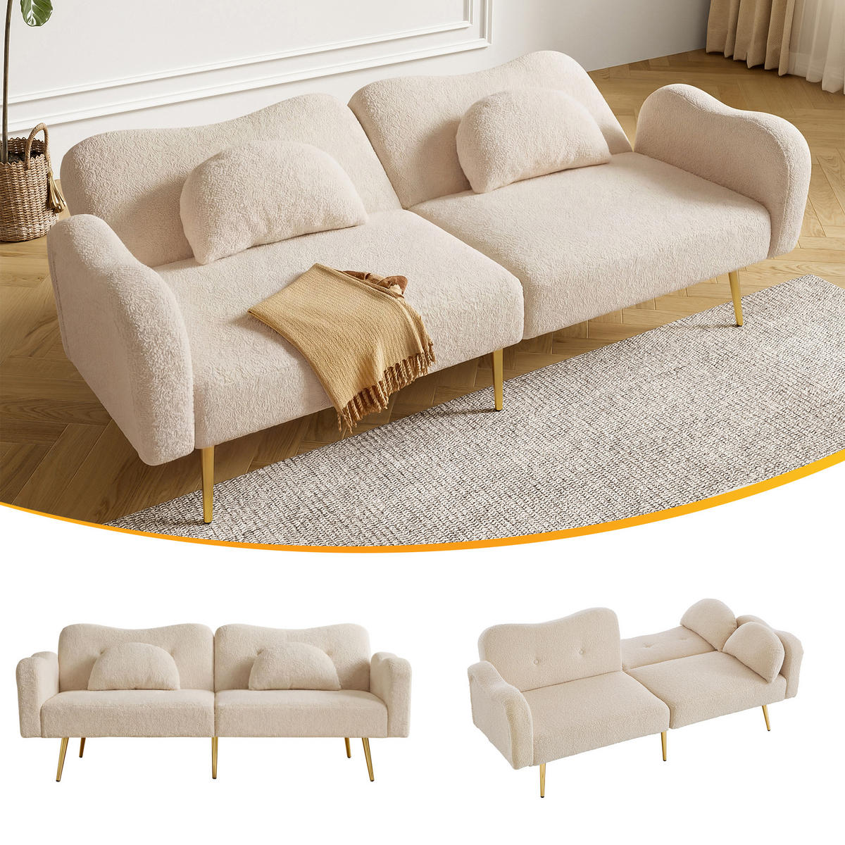 SOFABETT Zweisitzer Wollmisch-Bezug mit verstellbarer Rückenlehne Beige 175/79/82 cm - Beige, Textil (79/82/175cm) - Redom