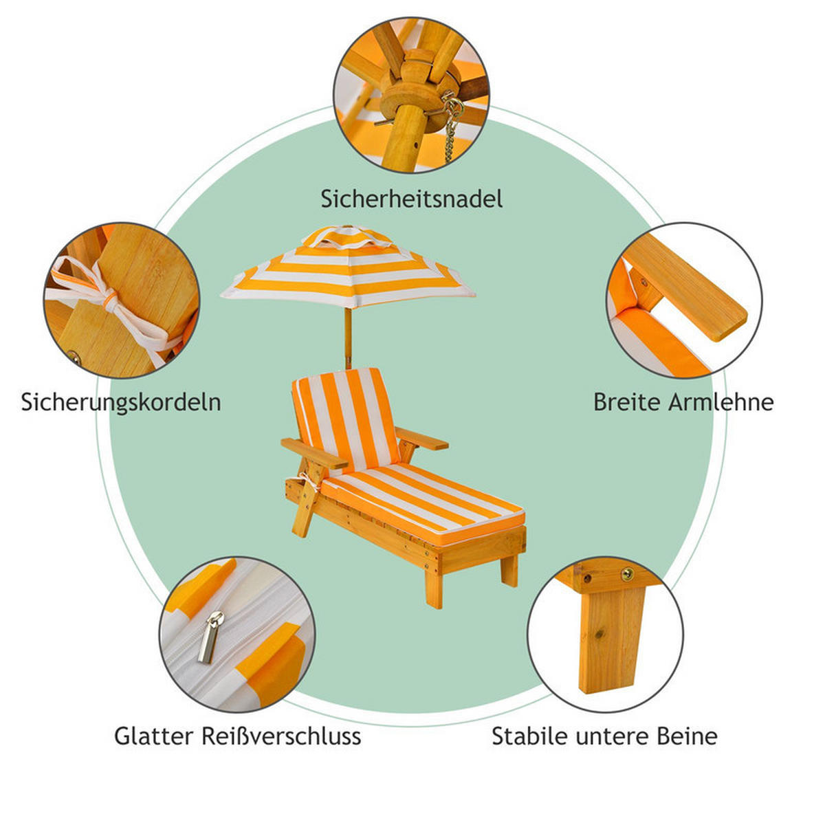 KINDER-SONNENLIEGE mit Sonnenschirm gelb - Gelb, Holz - COSTWAY
