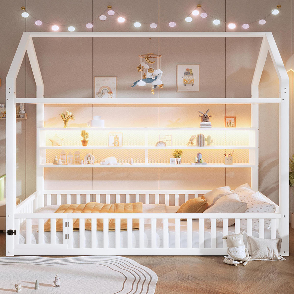 HAUSBETT 90x200 cm mit Zaun und LED-Beleuchtung, Weiß - Weiß, Metall (90/200cm) - KOMHTOM