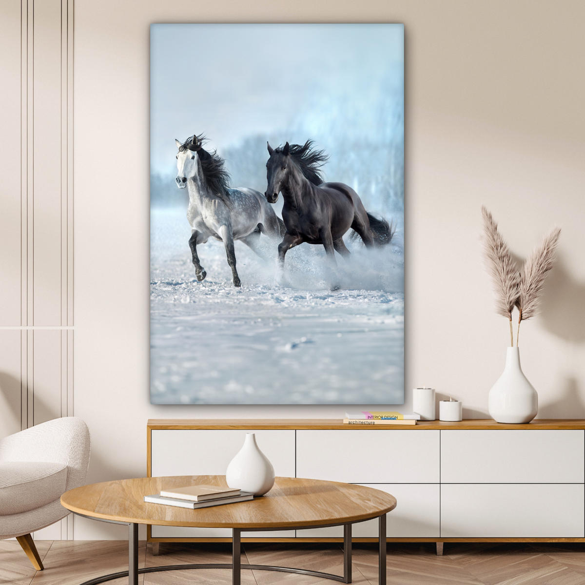 LEINWANDBILD Pferde - Winter - Tiere - Natur - Schnee Deko Groß 90x140 cm - Anthrazit, Textil (90/140cm) - MuchoWow