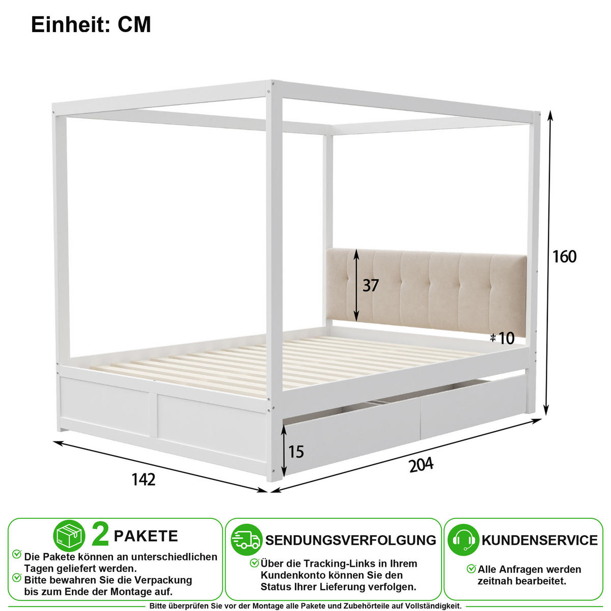 JUGENDBETT 140/200 cm in Weiß mit 2 Schubladen und gepolsterter Rückenlehne - Weiß, Holz/Holzwerkstoff (140/200cm) - CHICFURN