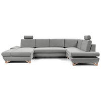 WOHNLANDSCHAFT CASA IV R-S Grau Plüsch-Stoff mit Schlaffunktion - Grau, Holz (344/100/199cm) - MASSENO