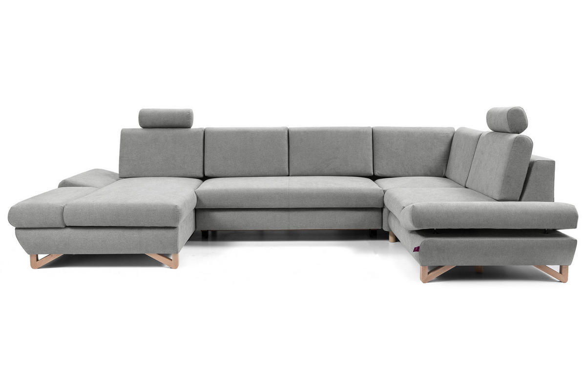 WOHNLANDSCHAFT CASA IV R-S Grau Plüsch-Stoff mit Schlaffunktion - Grau, Holz (344/100/199cm) - MASSENO