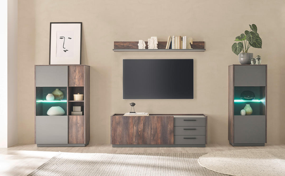 WOHNWAND Thermo Eiche, grau, Wohnkombination 4-teilig mit Soft-Close 327 x 200 cm - Eichefarben/Grau, Holzwerkstoff/Metall (327/200/45cm) - Furn.Design