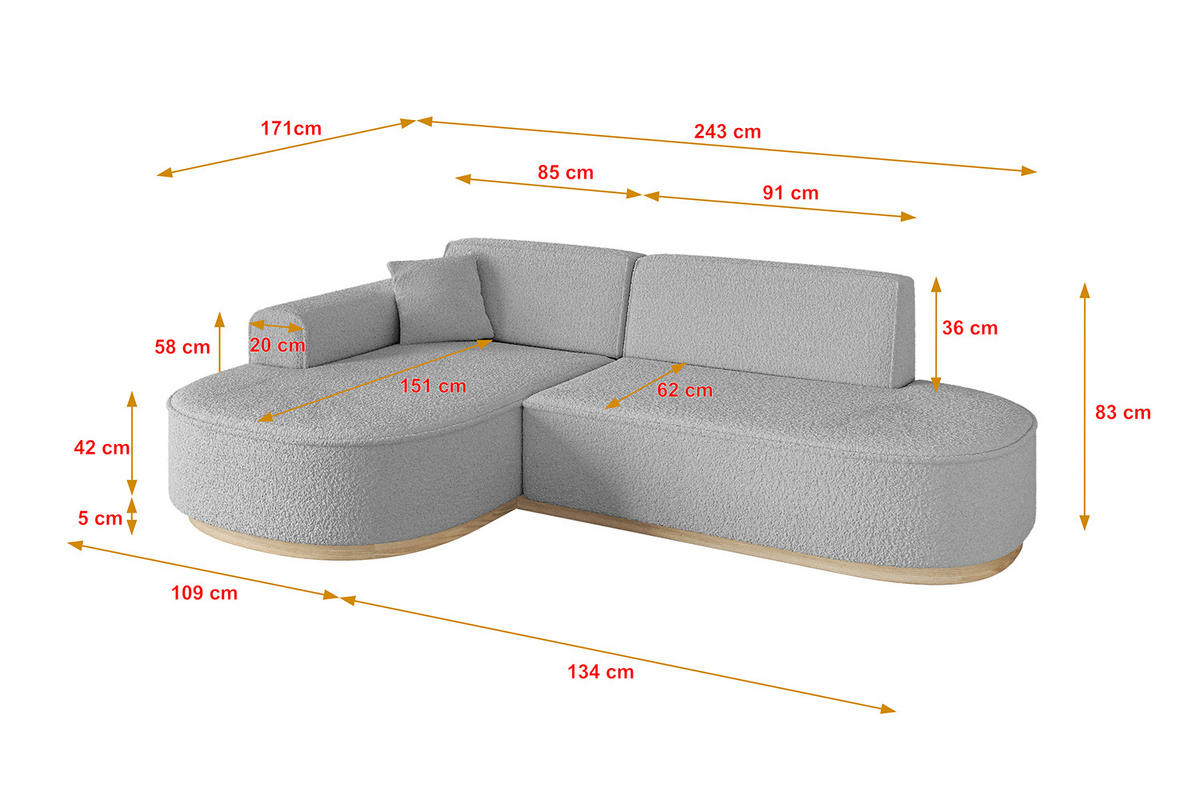 ECKSOFA Ottomane Links MARI-L1-v1 - 243x171x83 cm Hellgrau Bouclé - Hellgrau, Holzwerkstoff/Textil (243/171cm) - ALTDECOR