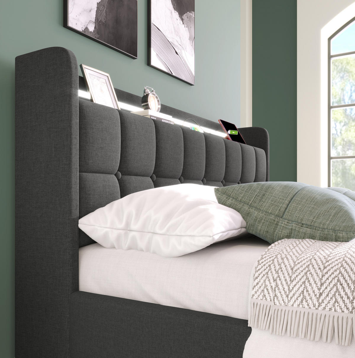 POLSTERBETT 160/200 cm Grau aus Holz mit LED-Beleuchtung - Grau, Holz (160/200cm) - OKMYHOME