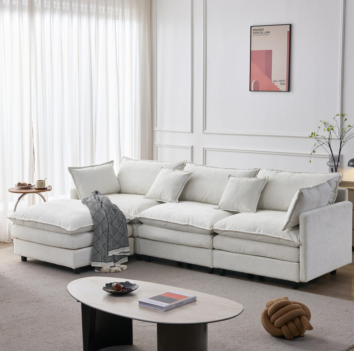 ECKSOFA 3-Sitzer mit Hocker, modulares Design, Chenille-Bezug und Federkernpolsterung, Beige - Beige, Textil (267/154cm) - Redom