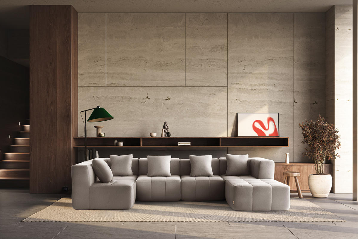 WOHNLANDSCHAFT Bouclé-Stoff Steinbeige - Greige, Textil (340/73/190cm) - MILYsofa