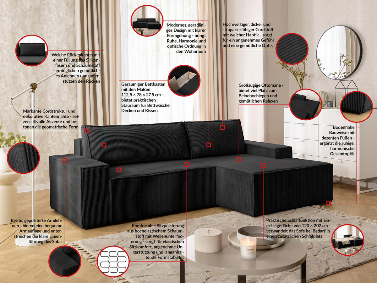 ECKSOFA Rivio mit Schlaffunktion und Bettkasten, Cordstoff Schwarz - Schwarz, Holz/Kunststoff (262/149cm) - S-Style
